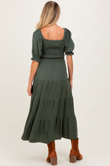 Olive Smocked Tiered Maternity Maxi Dress