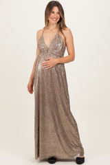 Mocha Gold Gold Foiled Plunging Maternity Maxi Dress
