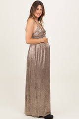 Mocha Gold Gold Foiled Plunging Maternity Maxi Dress