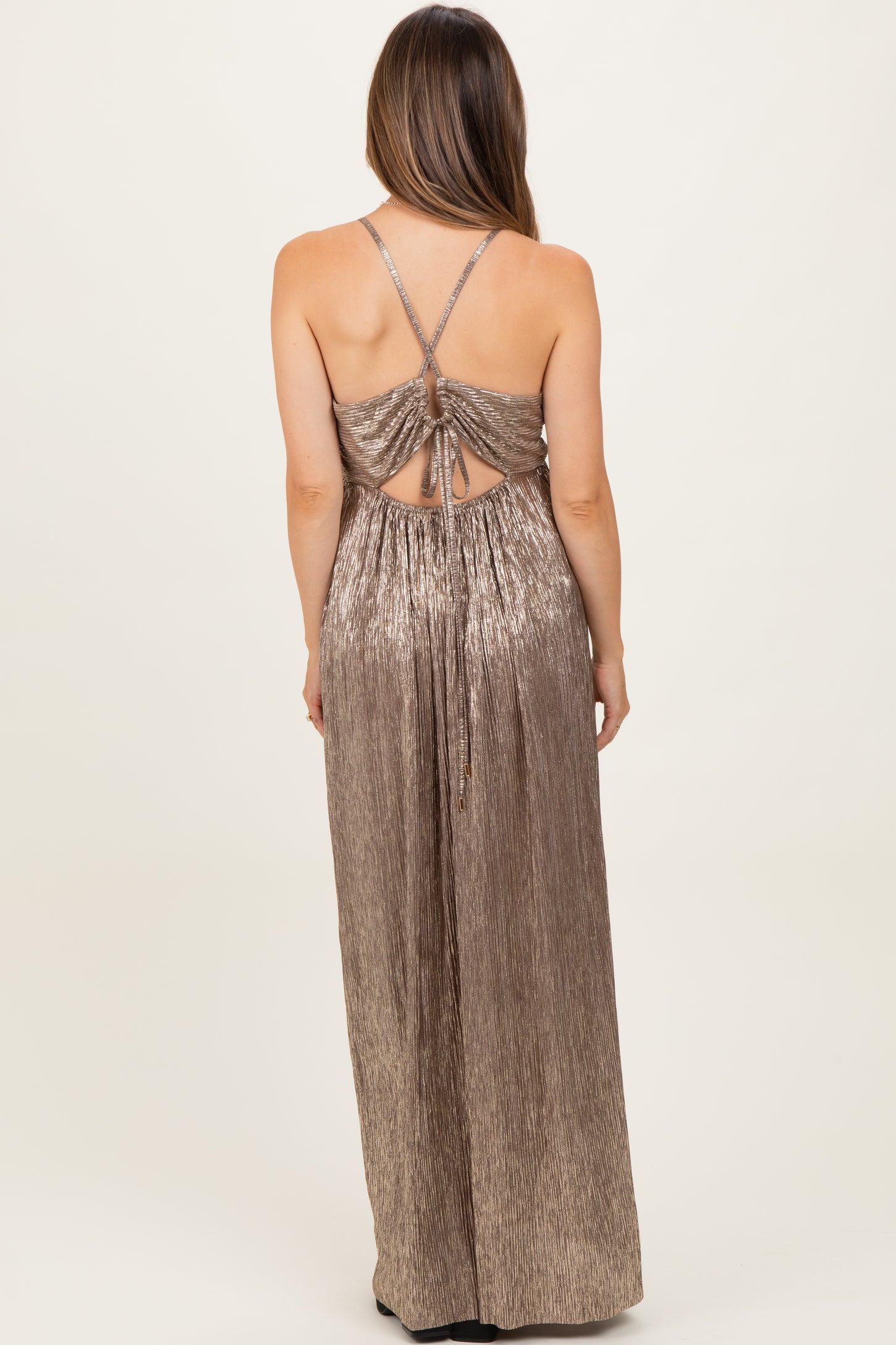 Mocha Gold Gold Foiled Plunging Maternity Maxi Dress