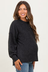 Black Brushed Ribbed Knit Maternity Pullover