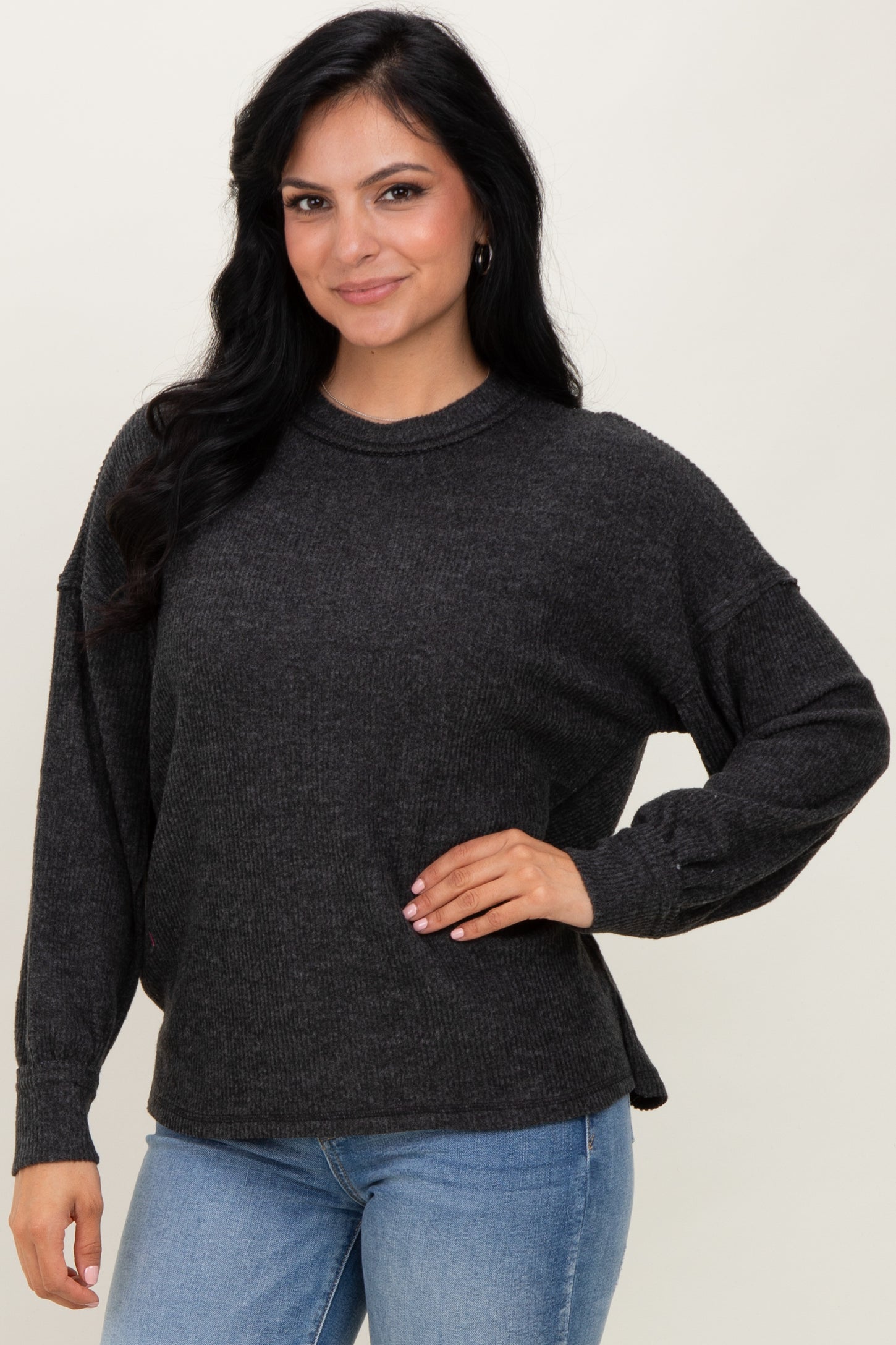Black Brushed Ribbed Knit Pullover