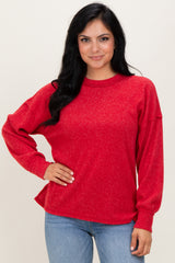 Red Brushed Ribbed Knit Pullover