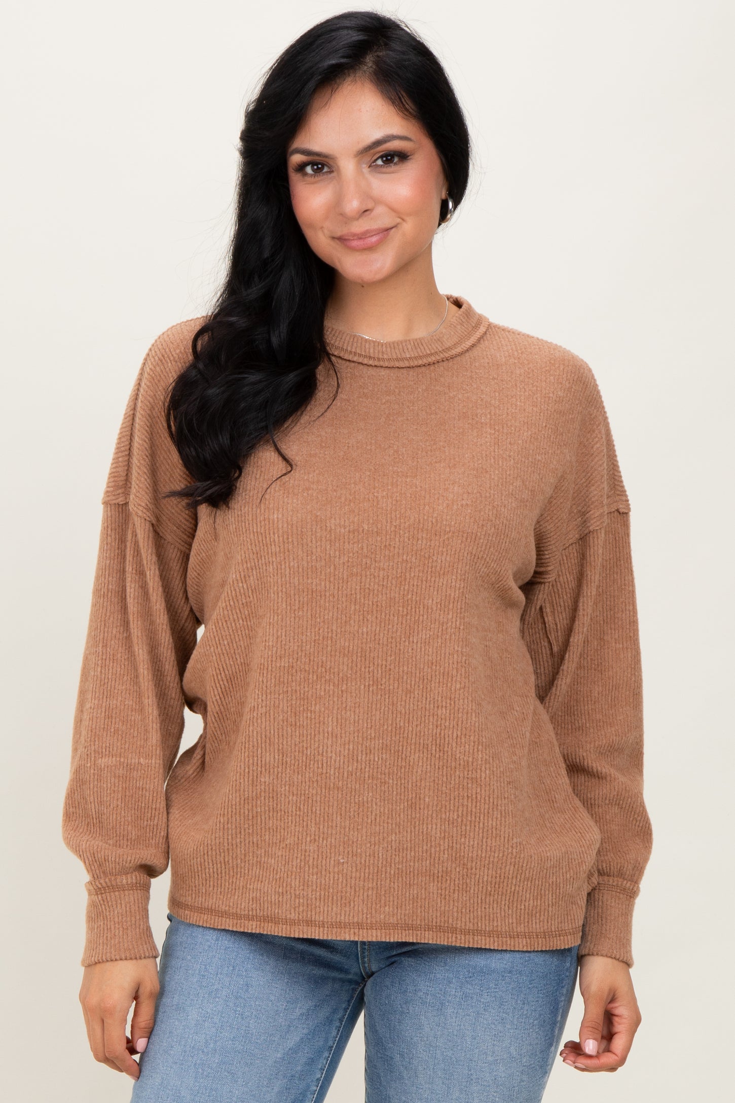 Camel Brushed Ribbed Knit Maternity Pullover