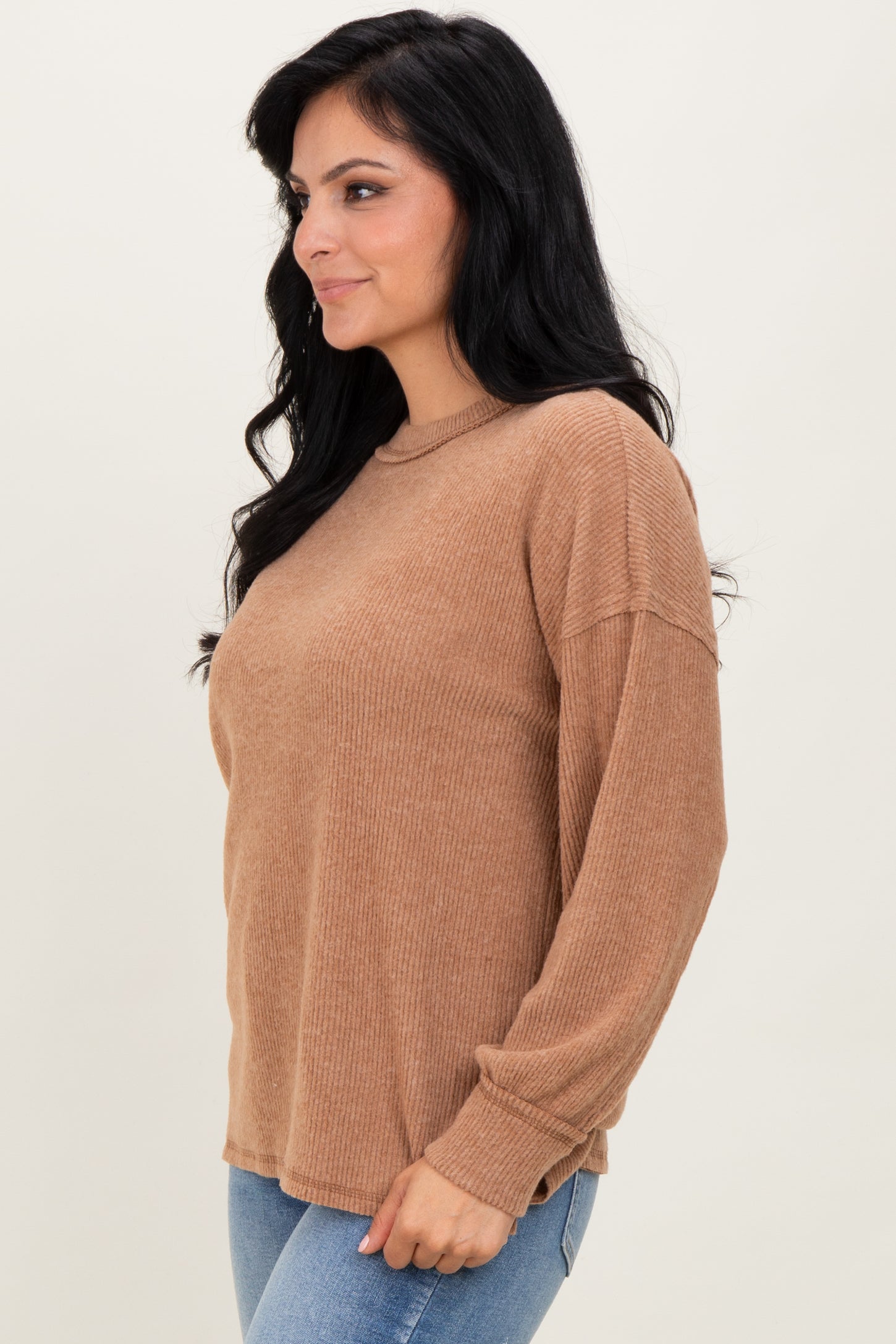 Camel Brushed Ribbed Knit Pullover