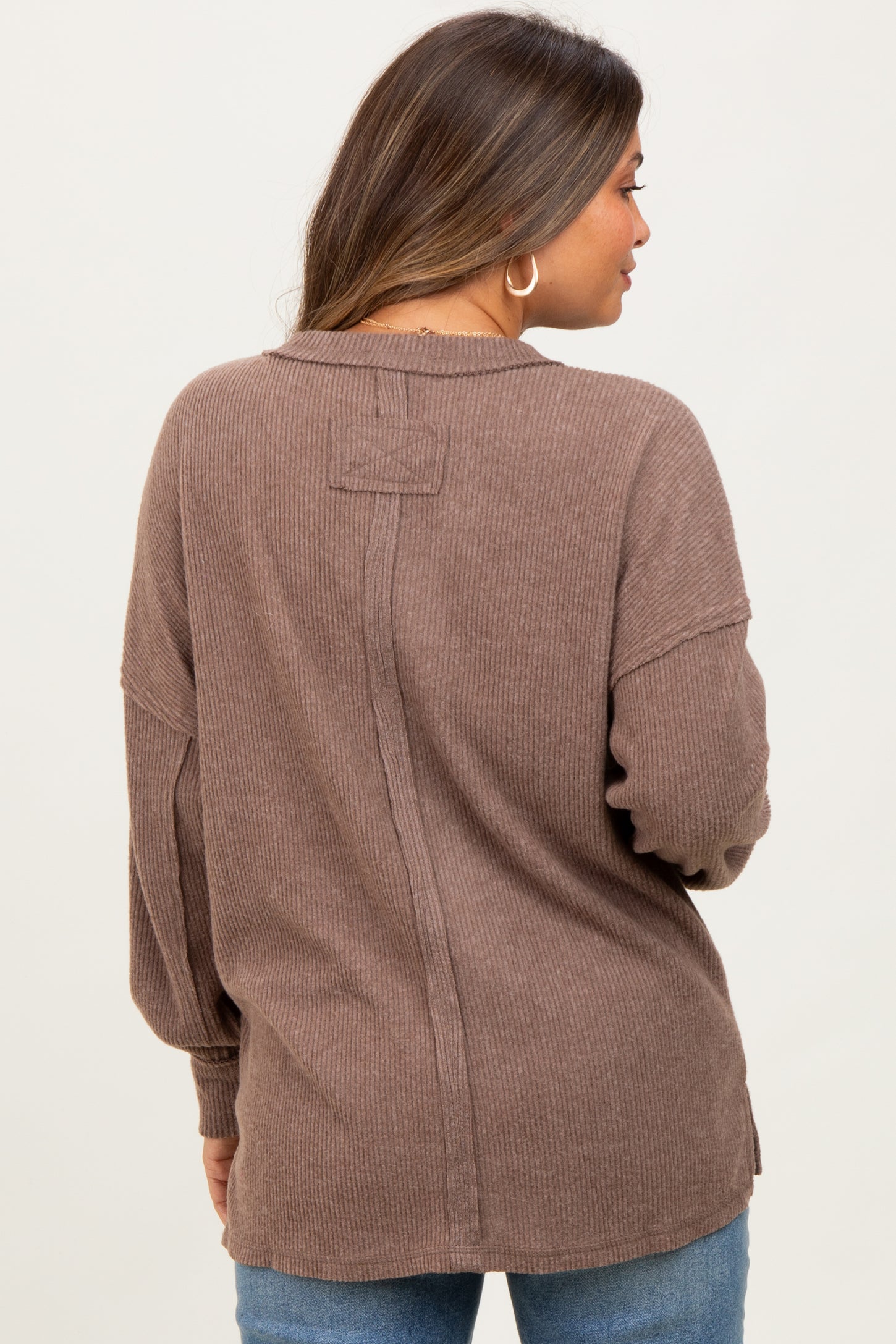 Mocha Brushed Ribbed Knit Maternity Pullover