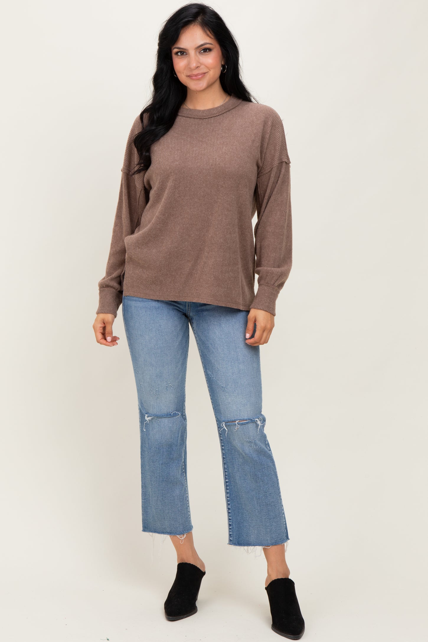 Mocha Brushed Ribbed Knit Pullover