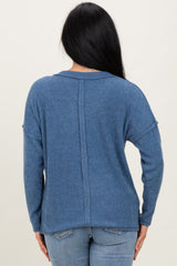 Dusty Blue Ribbed V-Neck Long Sleeve Top