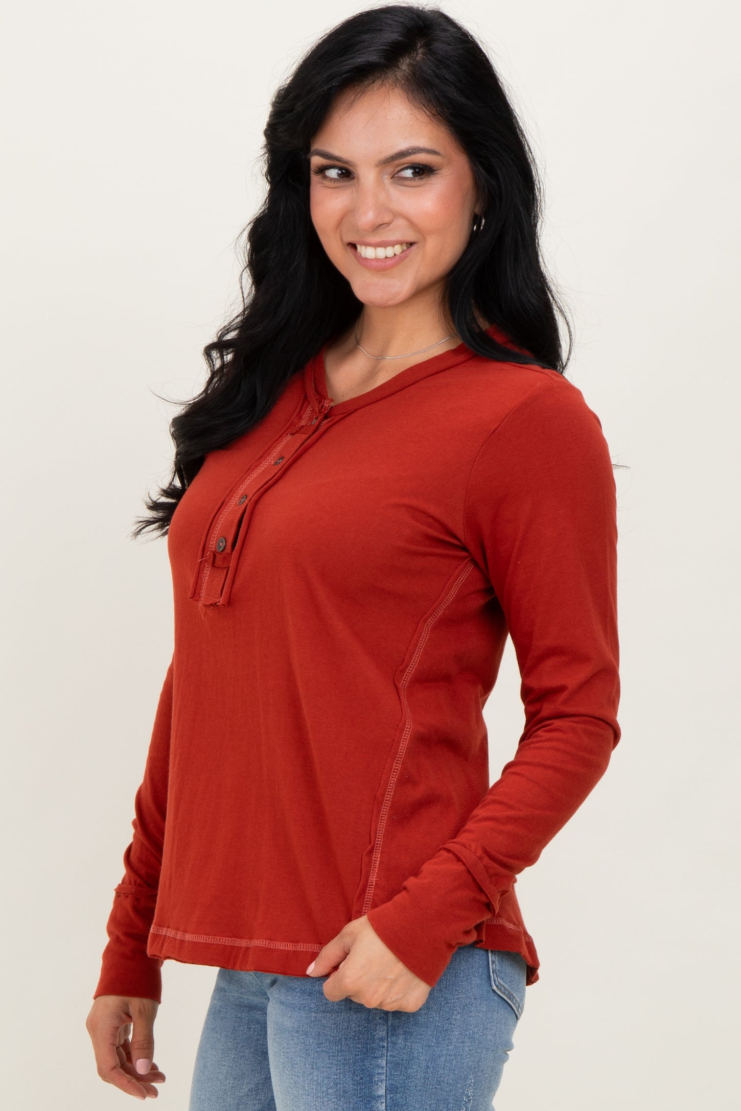 RustLong Sleeve Exposed Seam Top