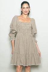 Beige Vintage Checked Plaid Square-Neck Maternity Dress