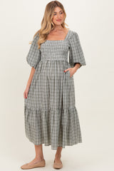Sage Plaid  Bubble Sleeve Maternity Dress