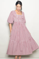 Red Plaid  Bubble Sleeve Maternity Dress
