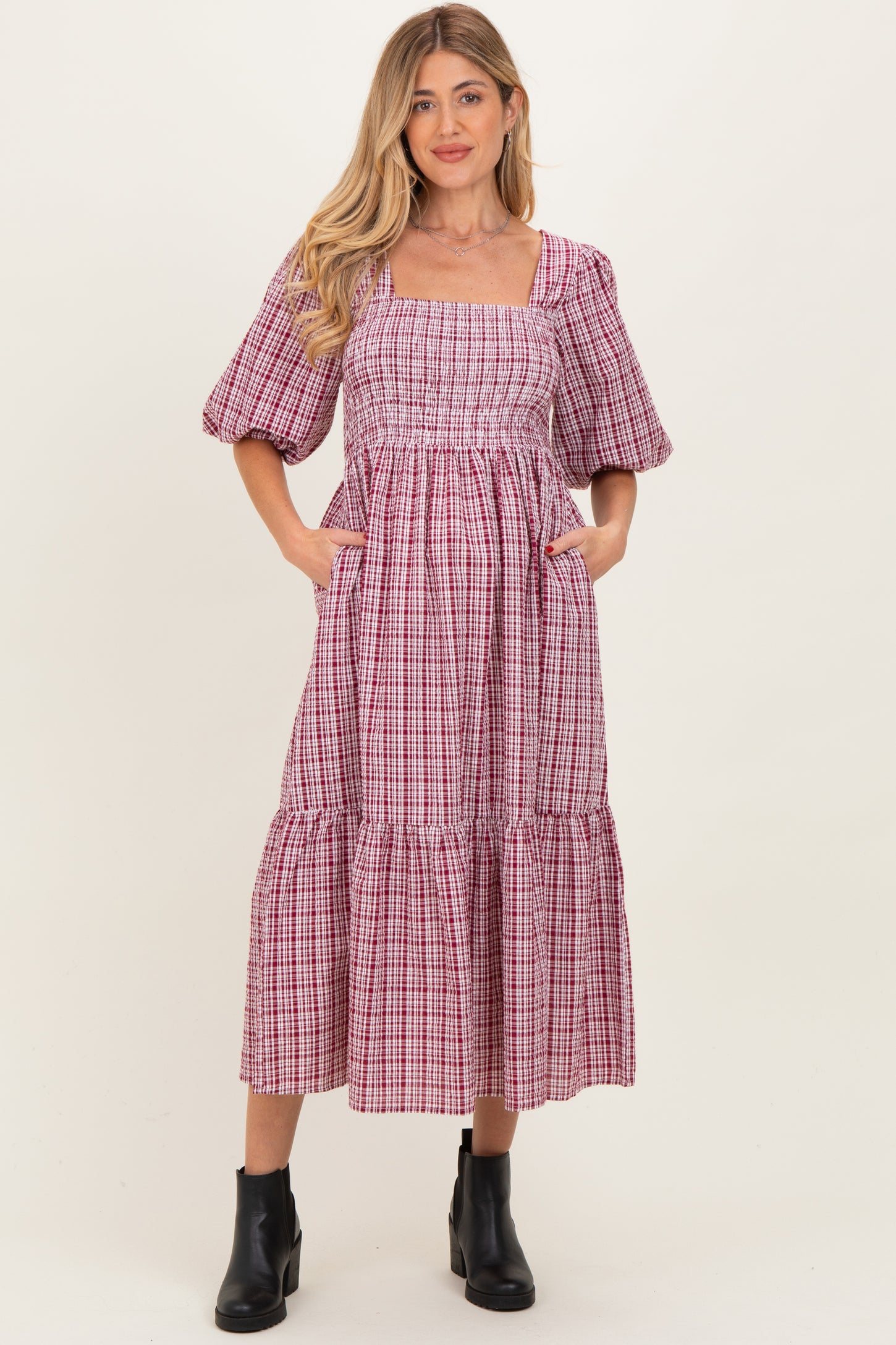 Red Plaid  Bubble Sleeve Maternity Dress