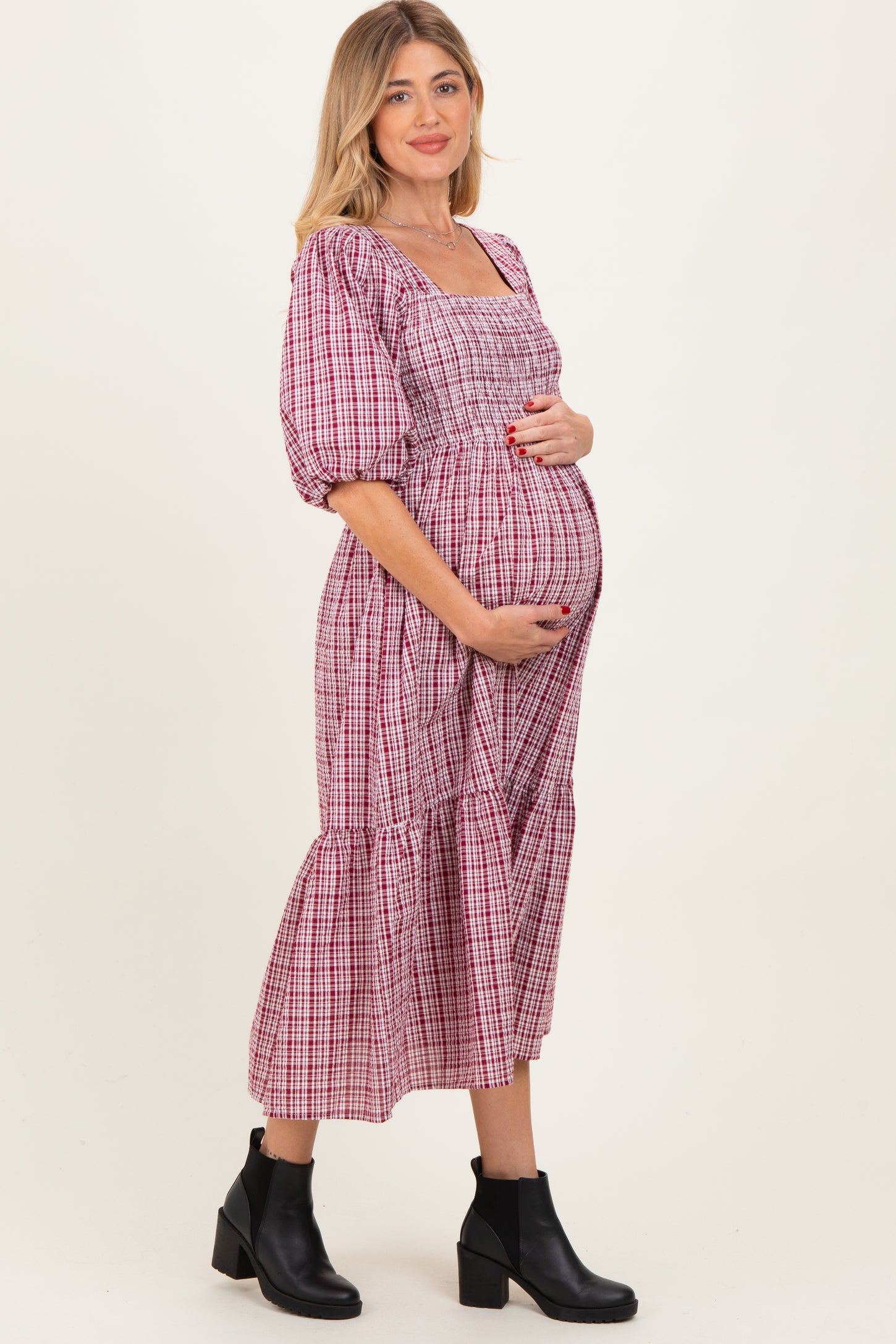 Red Plaid  Bubble Sleeve Maternity Dress