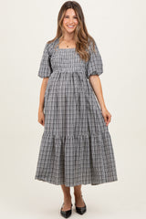 Black Plaid  Bubble Sleeve Maternity Dress
