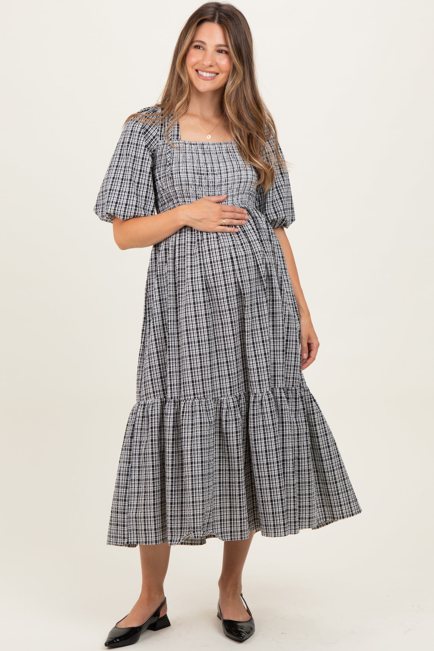 Black Plaid  Bubble Sleeve Maternity Dress