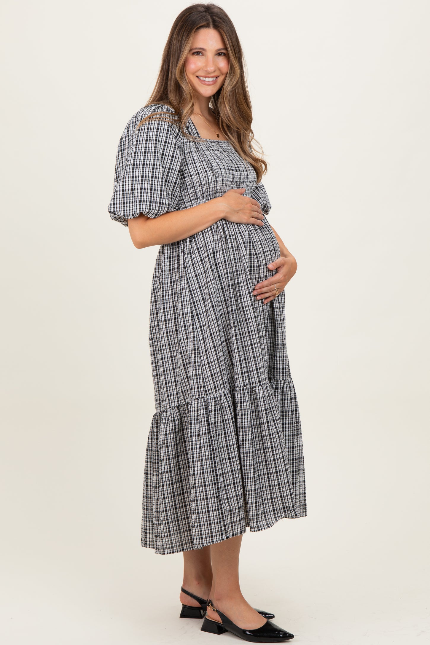 Black Plaid  Bubble Sleeve Maternity Dress