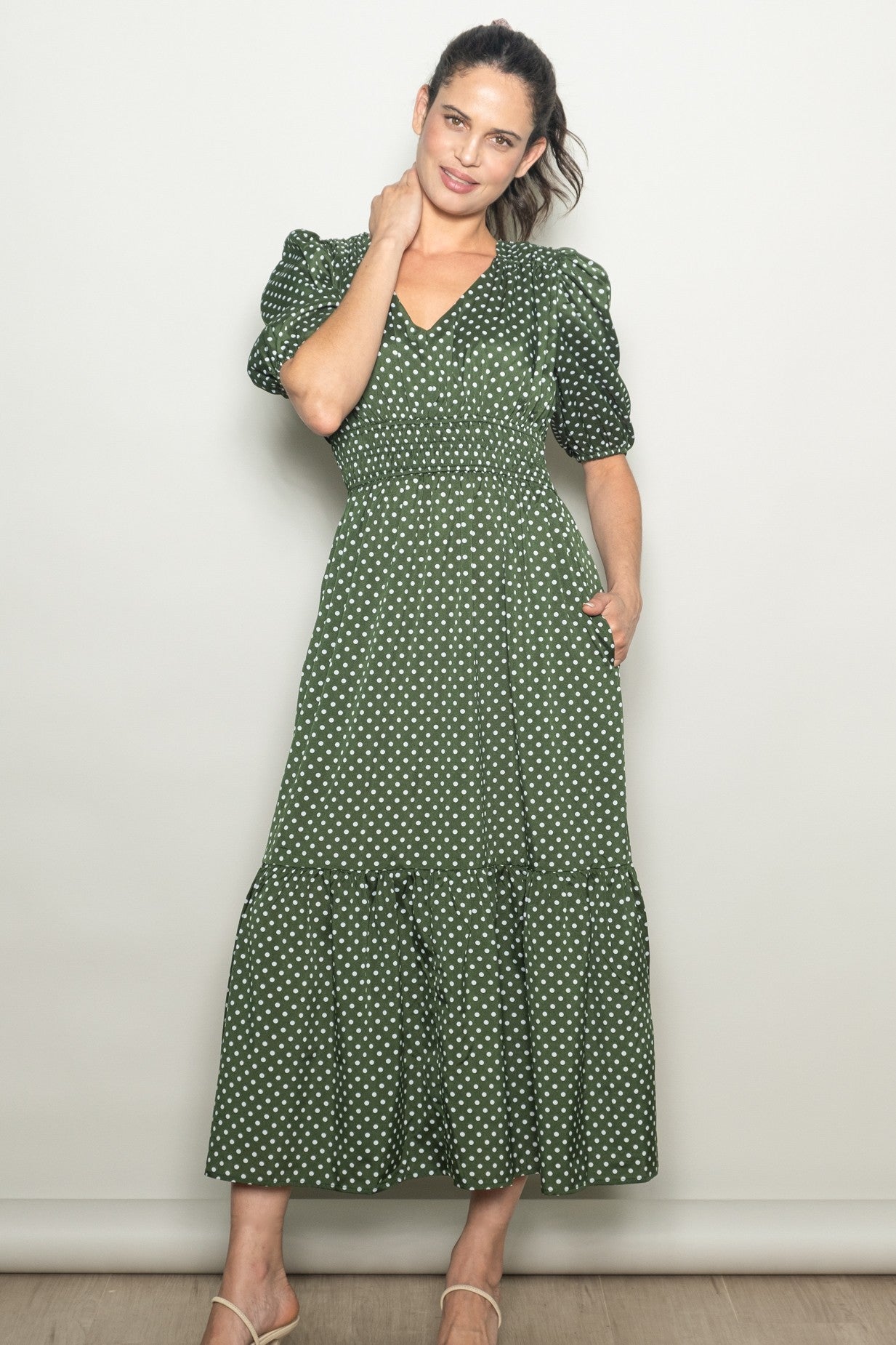 Green Polka Dots V Neck Flowy Dress