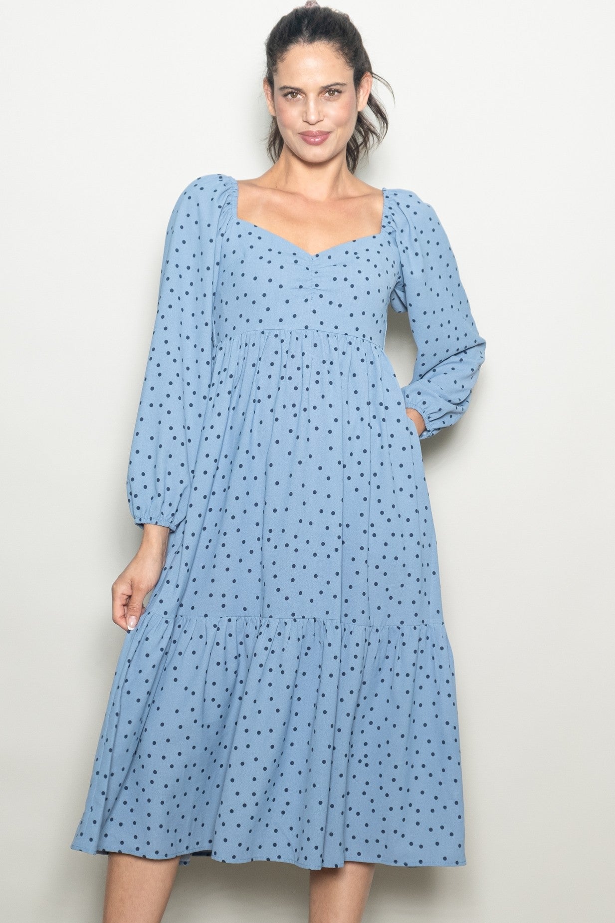 Dusty Blue Polka Dots Sweetheart Neck Maternity Midi Dress