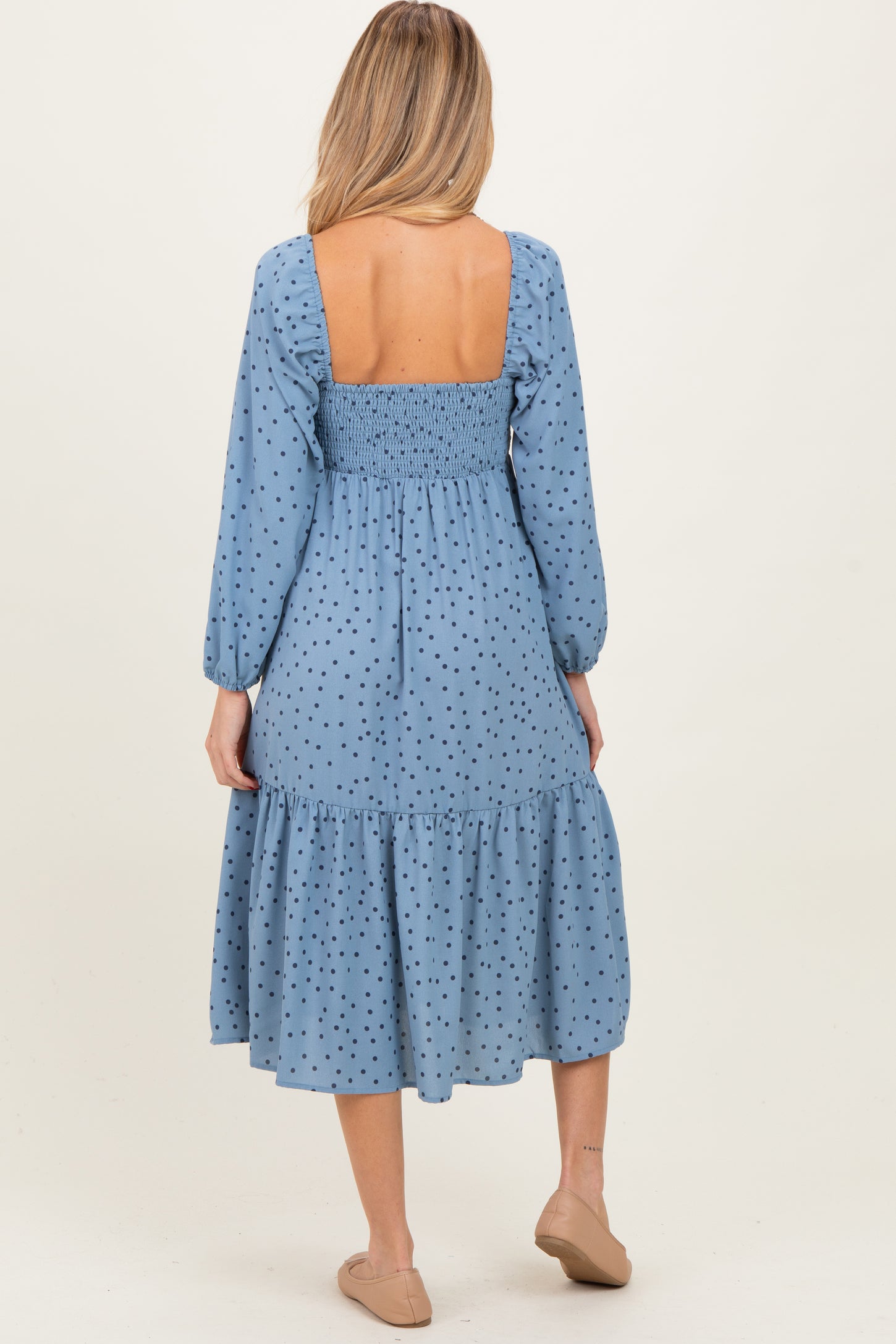 Dusty Blue Polka Dots Sweetheart Neck Maternity Midi Dress