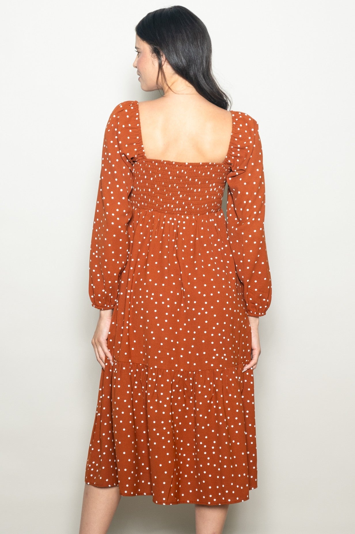 Rust Polka Dots Sweetheart Neck Midi Dress