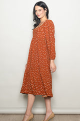 Rust Polka Dots Sweetheart Neck Midi Dress