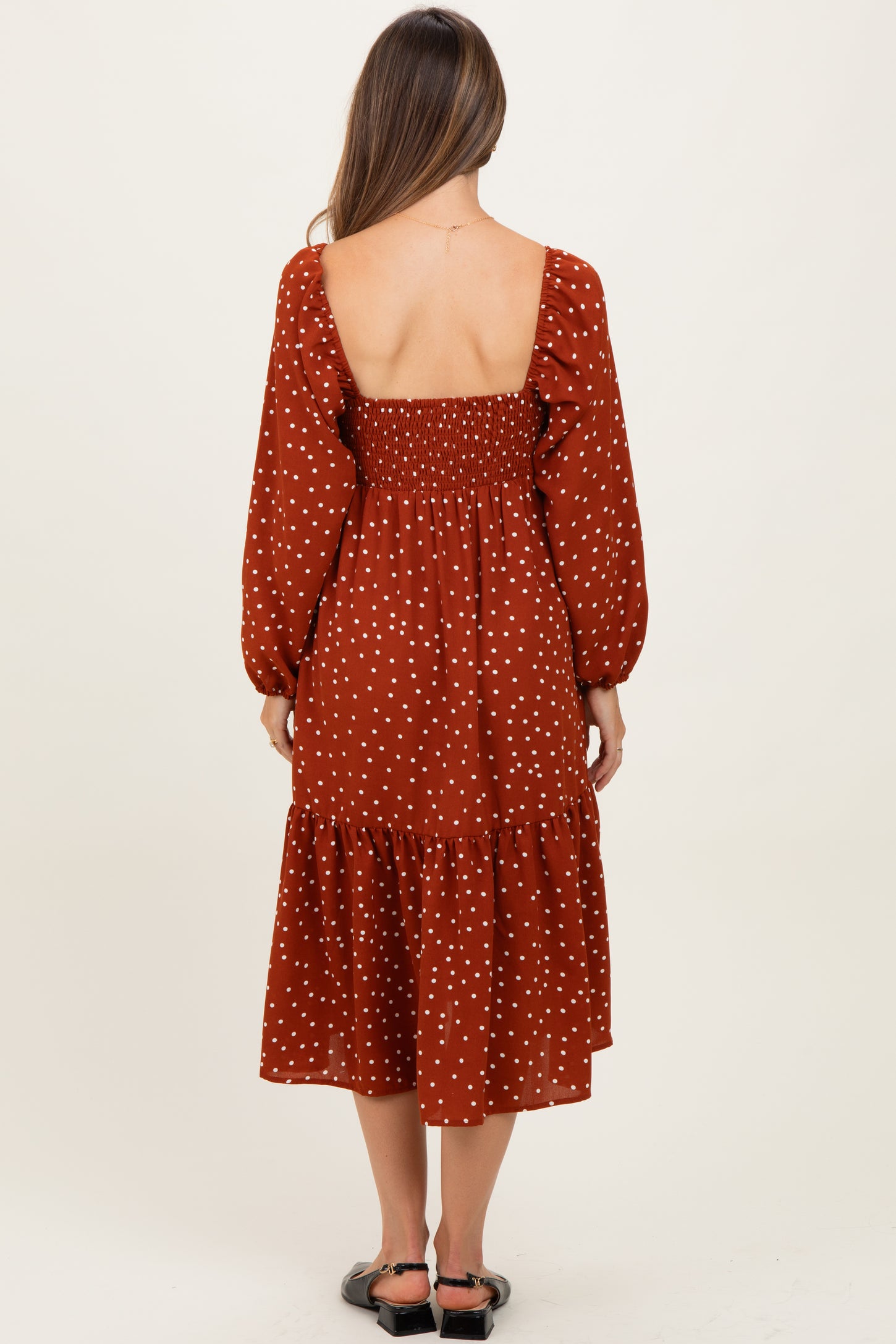 Rust Polka Dots Sweetheart Neck Maternity Midi Dress