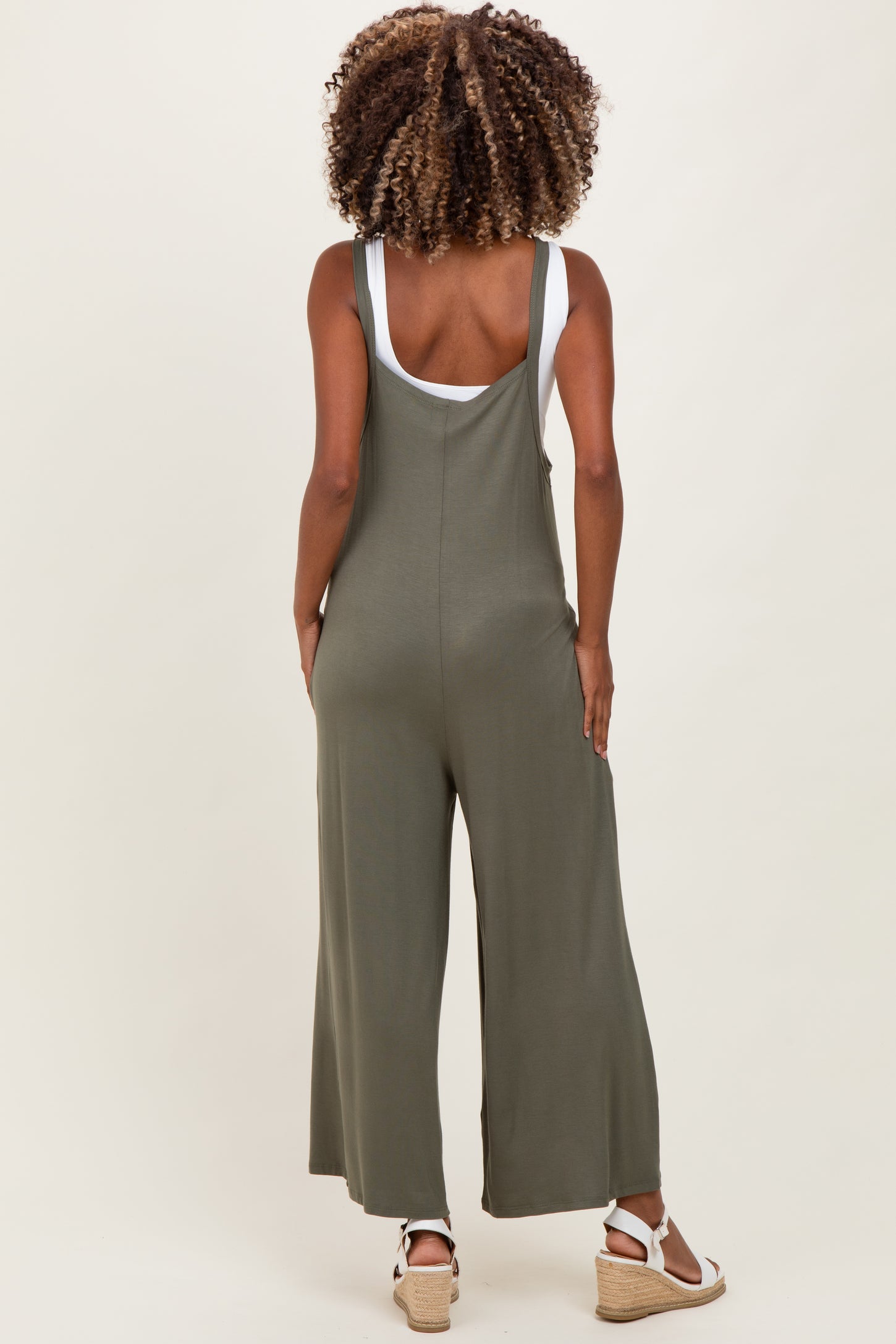 Olive Sleeveless Pocketed Wide Leg Maternity Jumpsuit