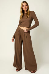 Coffee Long Sleeve Top Pleated Wide Leg Pants Texture Set