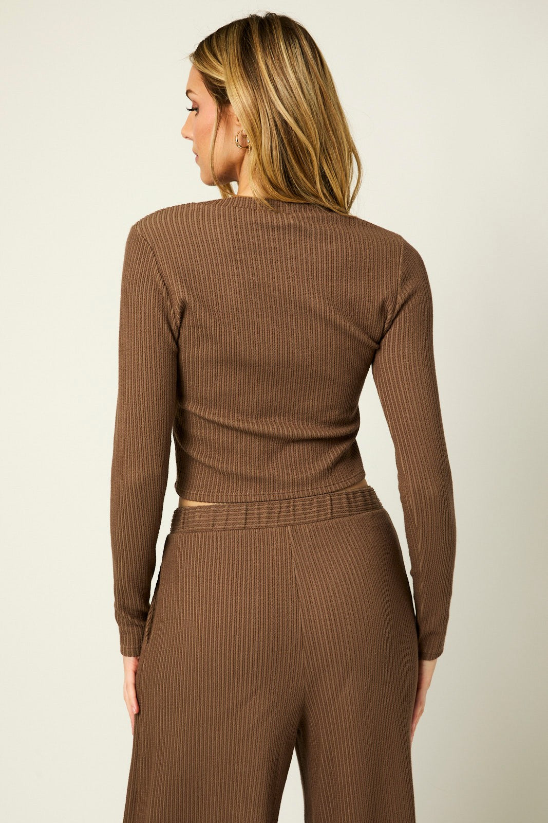 Coffee Long Sleeve Top Pleated Wide Leg Pants Texture Set