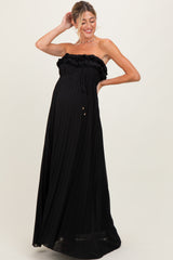 Black Ruffled Chest Pleated Maternity Maxi Dress With Self Tie