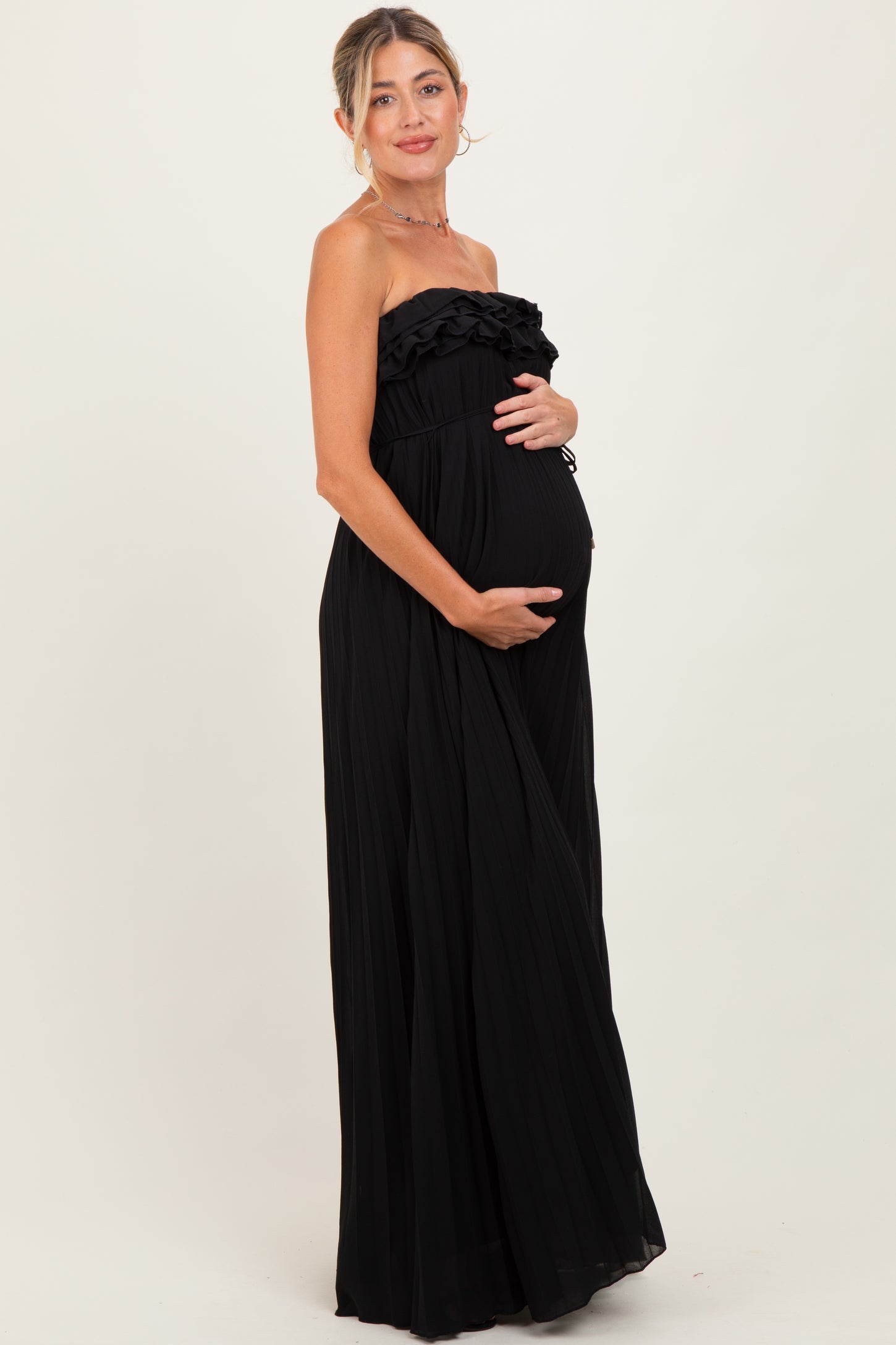 Black Ruffled Chest Pleated Maternity Maxi Dress With Self Tie