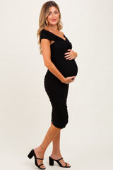 Black Mesh Off Shoulder Twist Front Maternity Midi Dress