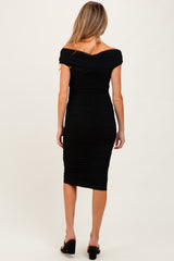 Black Mesh Off Shoulder Twist Front Maternity Midi Dress