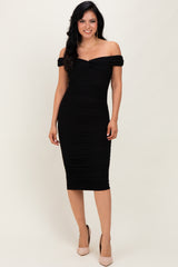 Black Mesh Off Shoulder Twist Front Maternity Midi Dress