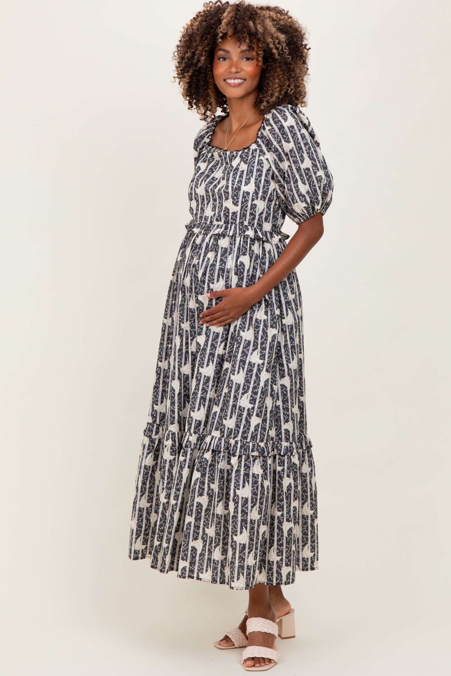 Navy Floral Stripe Ruffle Accent Maternity Midi Dress