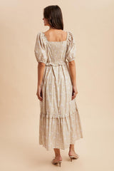 Taupe Floral Stripe Ruffle Accent Midi Dress