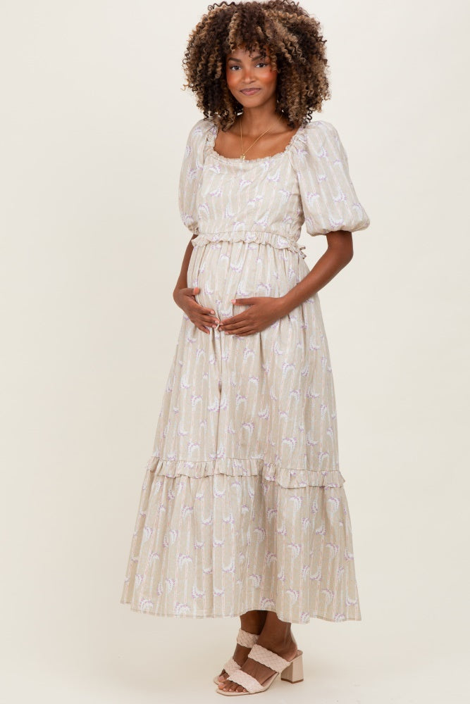 Taupe Floral Stripe Ruffle Accent Maternity Midi Dress