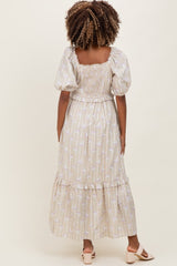 Taupe Floral Stripe Ruffle Accent Maternity Midi Dress