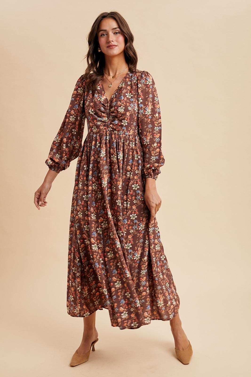 Mocha Floral Cinched Bust 3/4 Sleeve Maxi Dress