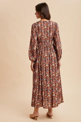 Mocha Floral Cinched Bust 3/4 Sleeve Maxi Dress