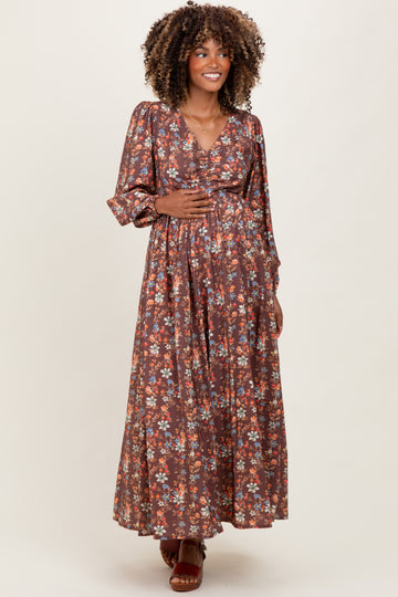 Mocha Floral Cinched Bust 3/4 Sleeve Maternity Maxi Dress