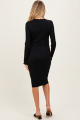 Black Ribbed Knit Long Sleeve Nursing Maternity Dress
