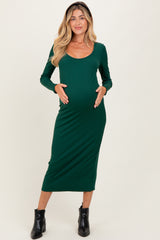 Hunter Green Scoop Neck Long Sleeve Maternity Midi Dress