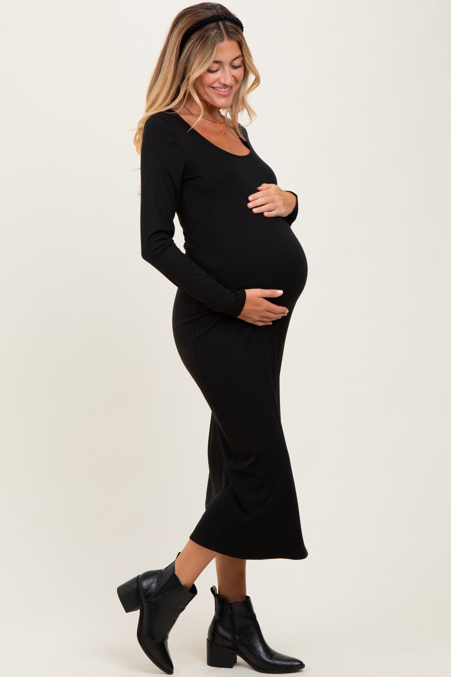 Black Scoop Neck Long Sleeve Maternity Midi Dress