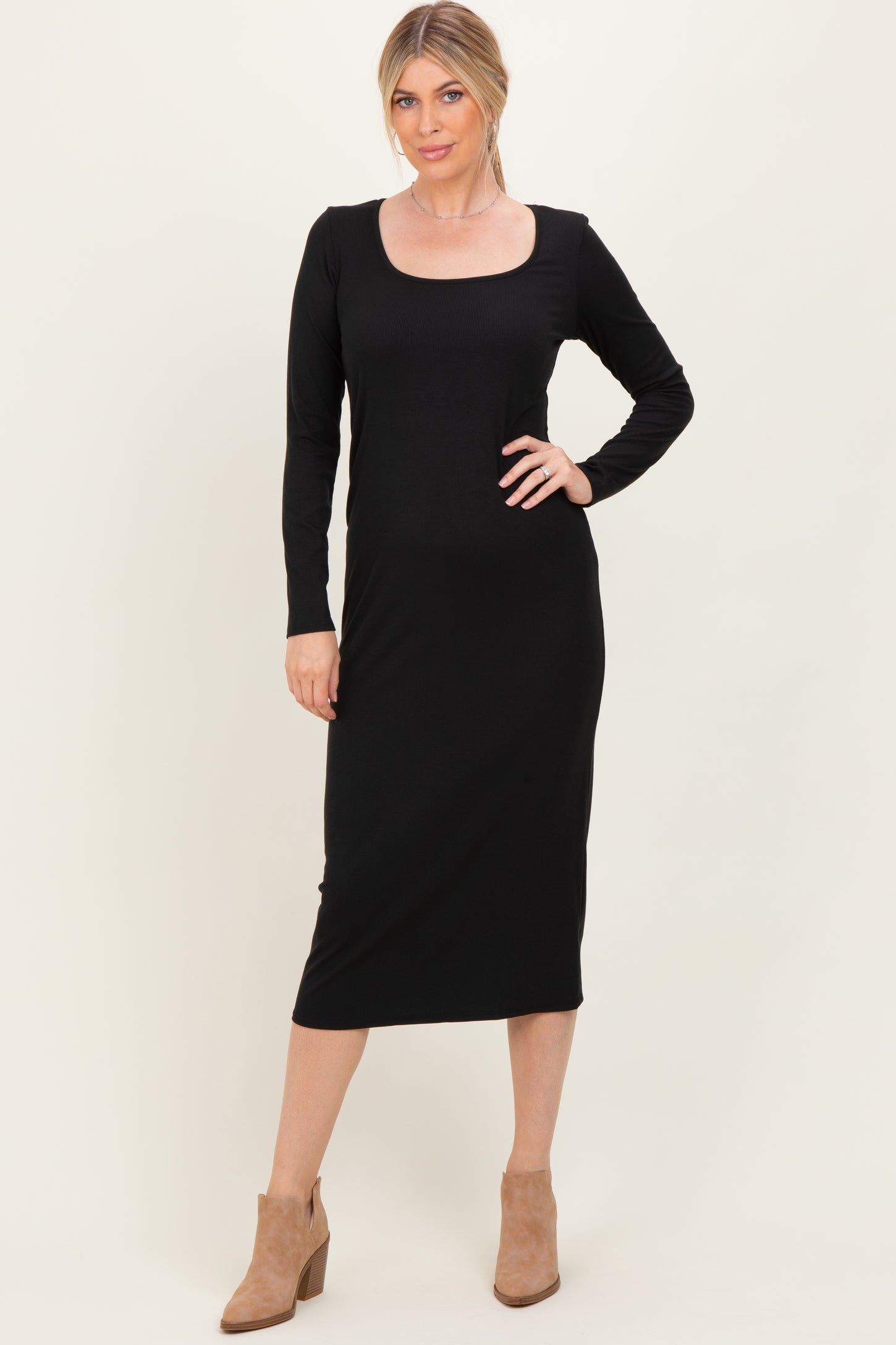 Black Scoop Neck Long Sleeve Maternity Midi Dress