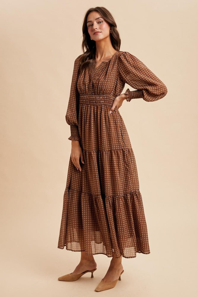 Mocha Printed Smocked Waist Tiered Maxi Dress