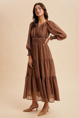 Mocha Printed Smocked Waist Tiered Maxi Dress