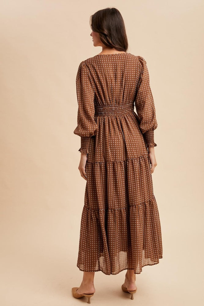 Mocha Printed Smocked Waist Tiered Maxi Dress