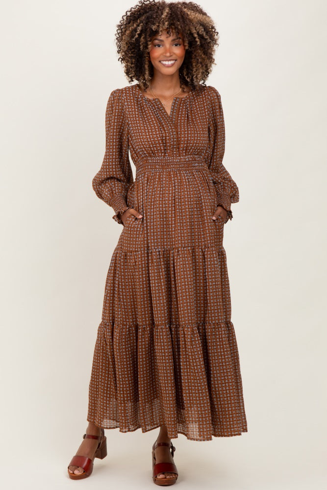 Mocha Printed Smocked Waist Tiered Maternity Maxi Dress
